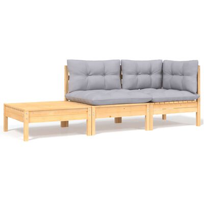 vidaXL 3 Piece Garden Lounge Set with Grey Cushions Solid Pinewood, brown and grey vidaXL 3 Piece Garden Lounge Set with Grey Cushions Solid Pinewood