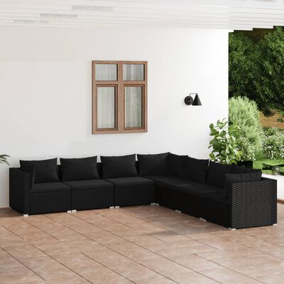 vidaXL 7 Piece Garden Lounge Set with Cushions Poly Rattan Black, black vidaXL 7 Piece Garden Lounge Set with Cushions Poly Rattan Black