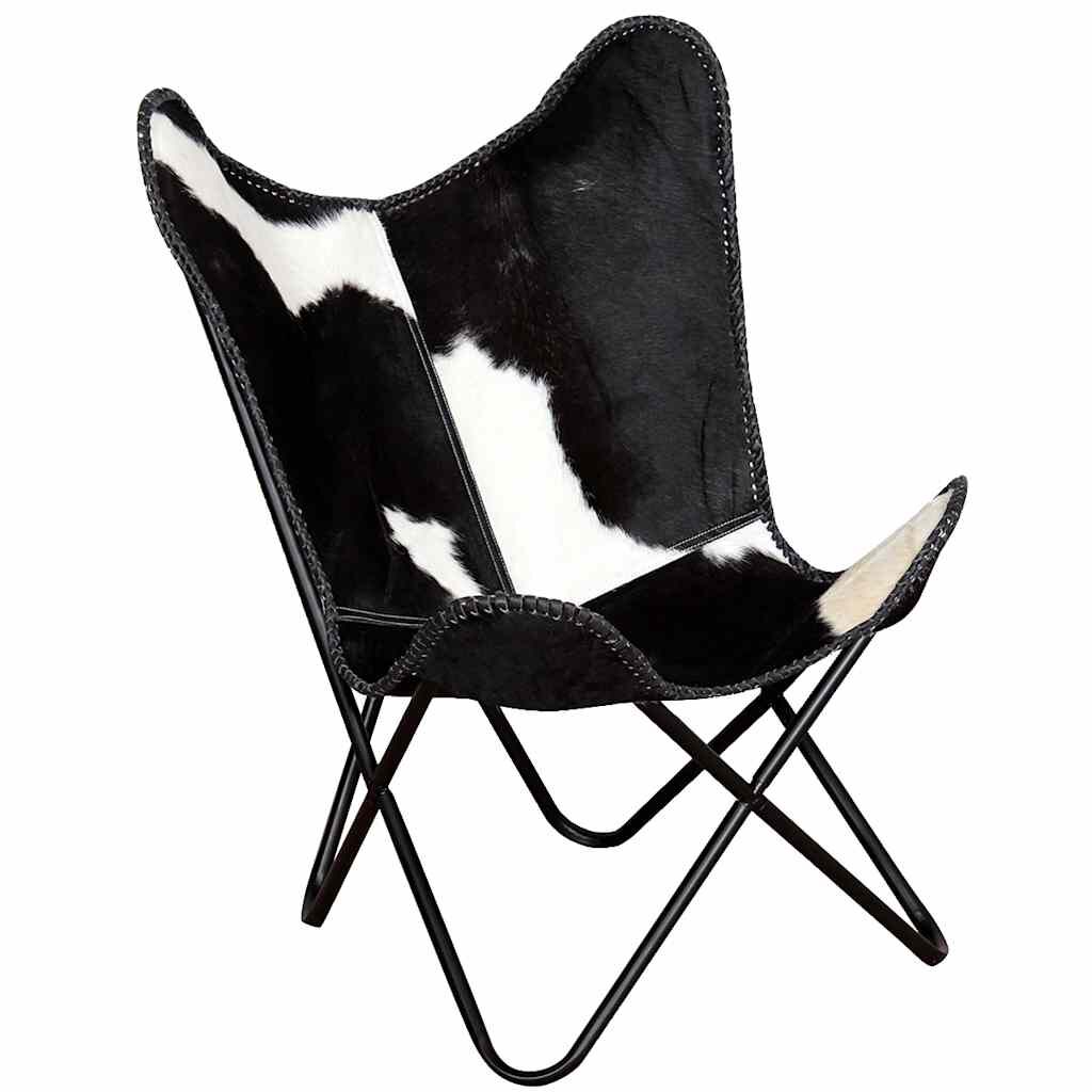 vidaXL Butterfly Chair Black and White Real Cowhide Leather