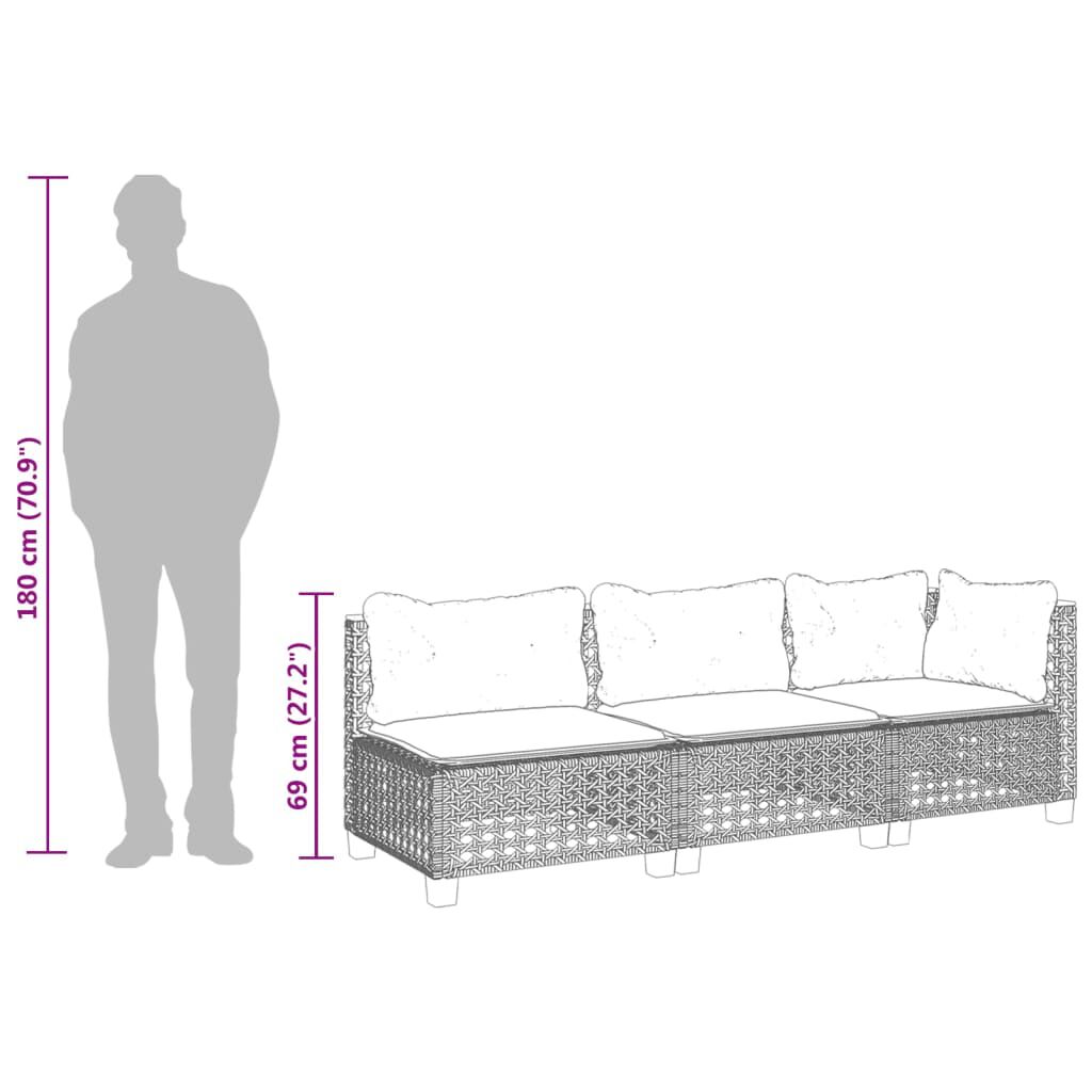 vidaXL Garden Sofa with Cushions 3-Seater Grey Poly Rattan