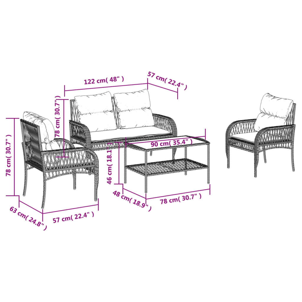 vidaXL 4 Piece Garden Sofa Set with Cushions Grey Poly Rattan