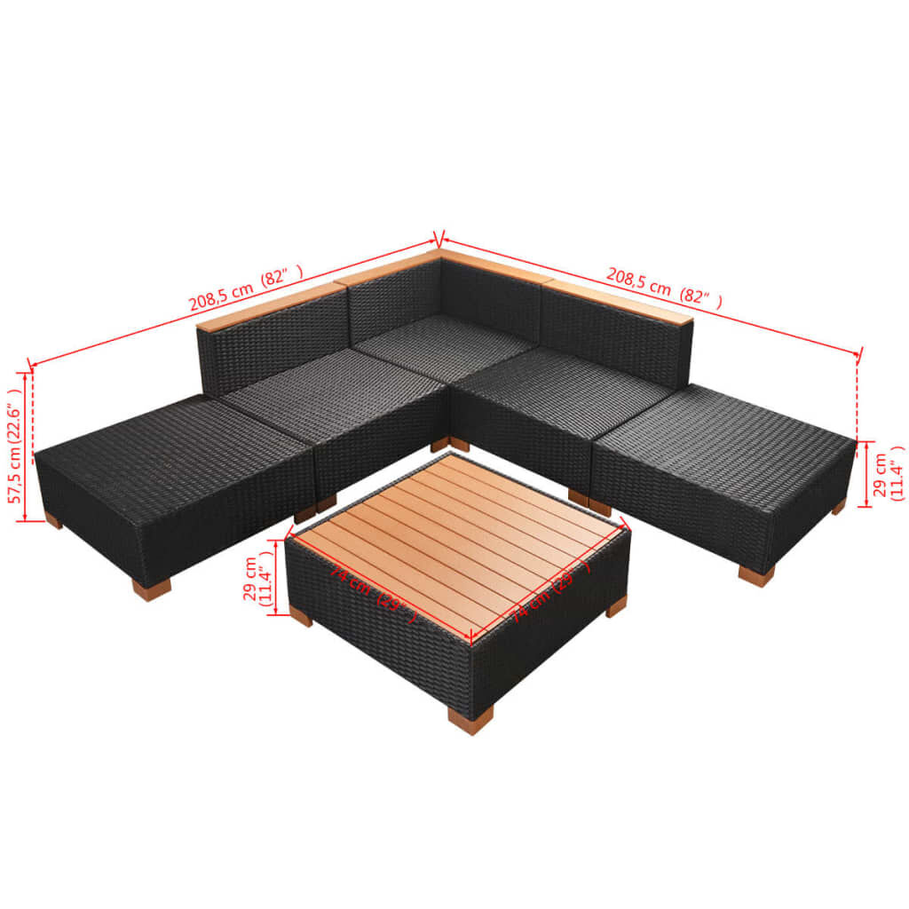 vidaXL 6 Piece Garden Lounge Set with Cushions Poly Rattan Black