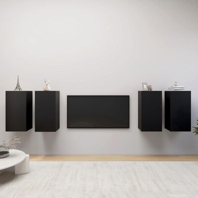 vidaXL TV Cabinets 4 pcs Black 30.5x30x60 cm Engineered Wood, black vidaXL TV Cabinets 4 pcs Black 30.5x30x60 cm Engineered Wood