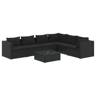 vidaXL 7 Piece Garden Lounge Set with Cushions Poly Rattan Black, black vidaXL 7 Piece Garden Lounge Set with Cushions Poly Rattan Black