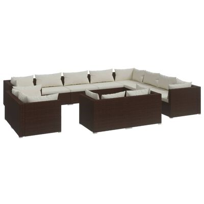 vidaXL 12 Piece Garden Lounge Set with Cushions Brown Poly Rattan
