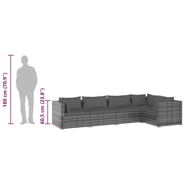 vidaXL 5 Piece Garden Lounge Set with Cushions Poly Rattan Grey