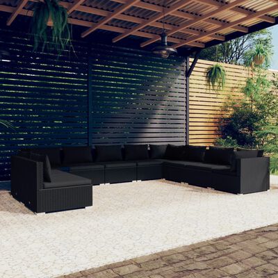 vidaXL 10 Piece Garden Lounge Set with Cushions Black Poly Rattan, black vidaXL 10 Piece Garden Lounge Set with Cushions Black Poly Rattan