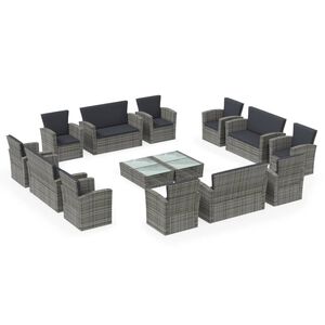 vidaXL 16 Piece Garden Lounge Set with Cushions Poly Rattan Grey