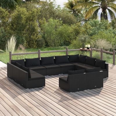 vidaXL 11 Piece Garden Lounge Set with Cushions Black Poly Rattan, black vidaXL 11 Piece Garden Lounge Set with Cushions Black Poly Rattan