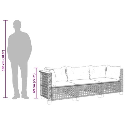 vidaXL Garden Sofa with Cushions 3-Seater Grey Poly Rattan, grey vidaXL Garden Sofa with Cushions 3-Seater Grey Poly Rattan