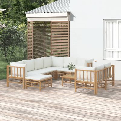 vidaXL 10 Piece Garden Lounge Set with Cream White Cushions Bamboo,  vidaXL 10 Piece Garden Lounge Set with Cream White Cushions Bamboo