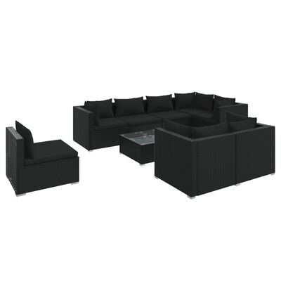 vidaXL 9 Piece Garden Lounge Set with Cushions Poly Rattan Black, black vidaXL 9 Piece Garden Lounge Set with Cushions Poly Rattan Black