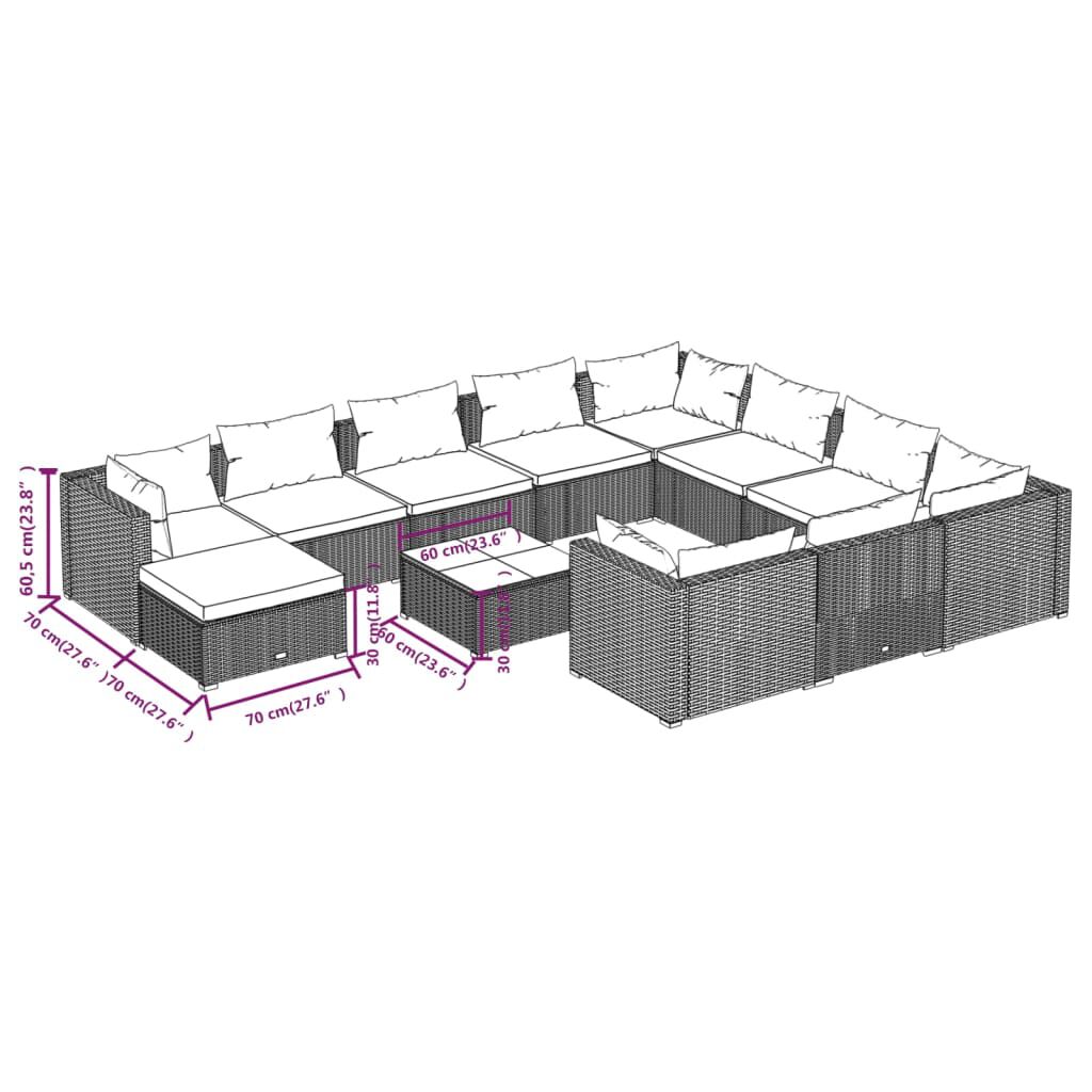 vidaXL 12 Piece Garden Lounge Set with Cushions Poly Rattan Black