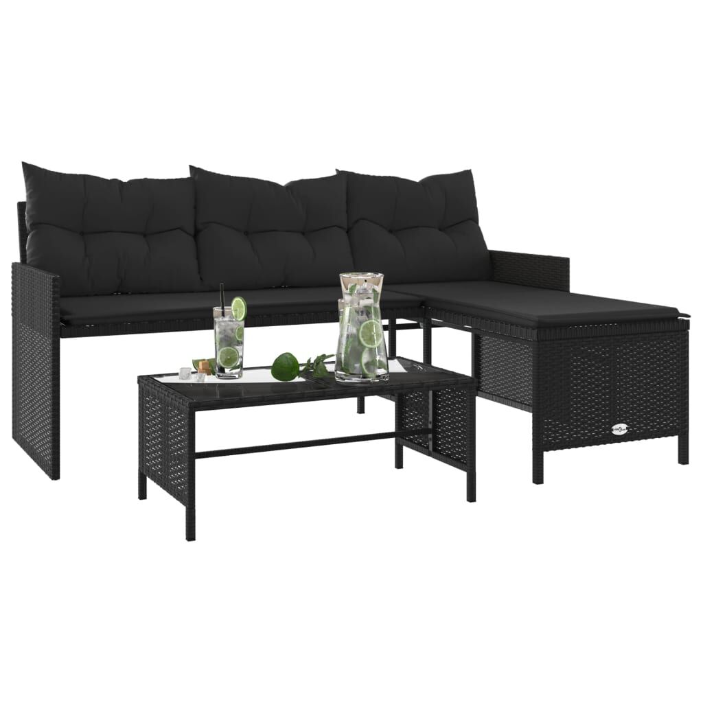 vidaXL Garden Sofa with Table and Cushions L-Shaped Black Poly Rattan