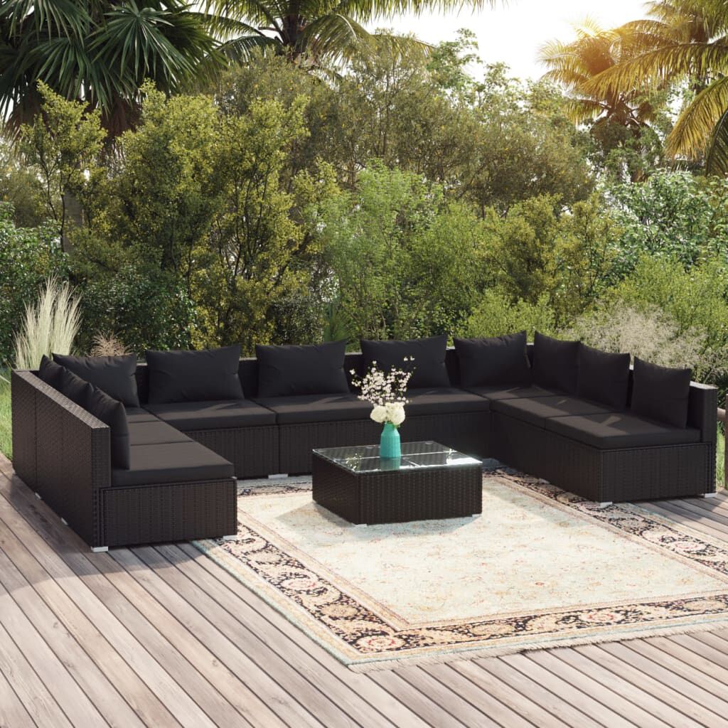 vidaXL 10 Piece Garden Lounge Set with Cushions Poly Rattan Black