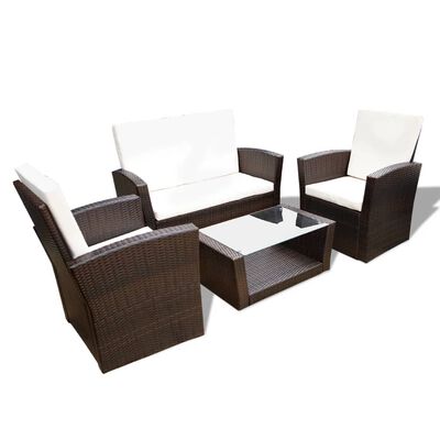 vidaXL 4 Piece Garden lounge set with Cushions Poly Rattan Brown, brown vidaXL 4 Piece Garden lounge set with Cushions Poly Rattan Brown
