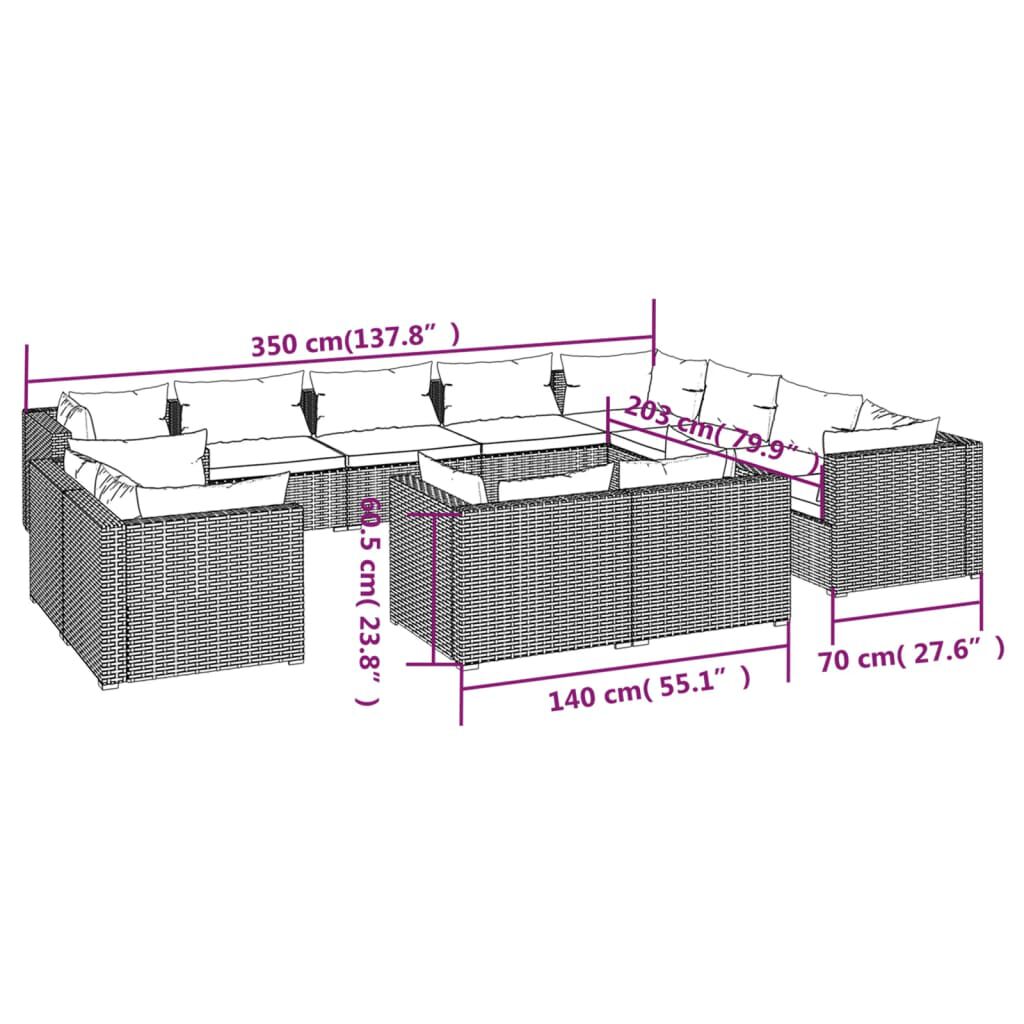 vidaXL 12 Piece Garden Lounge Set with Cushions Grey Poly Rattan