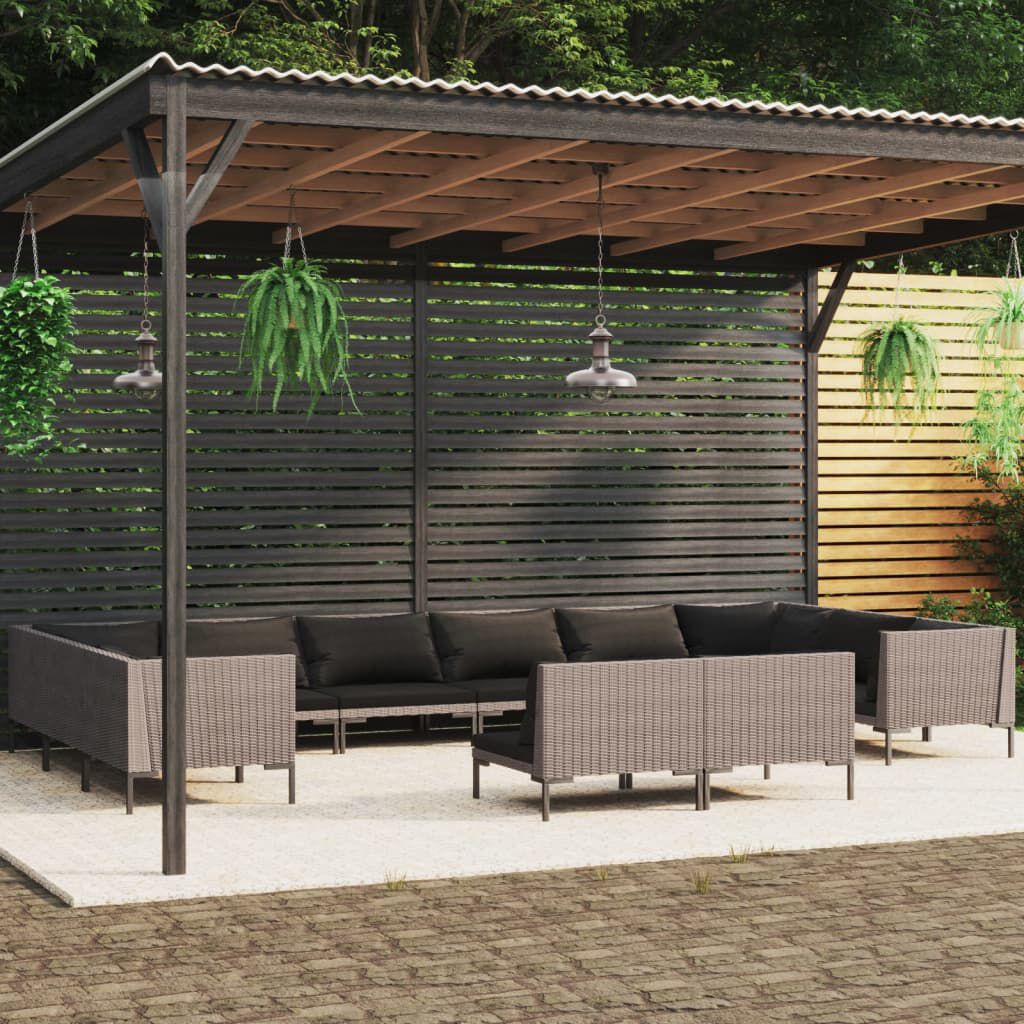 vidaXL 12 Piece Garden Lounge Set with Cushions Poly Rattan Dark Grey