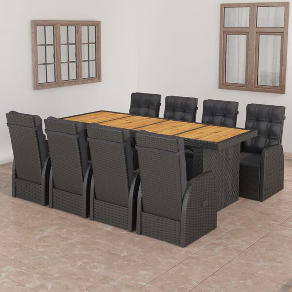 vidaXL 9 Piece Outdoor Dining Set with Cushions Poly Rattan Black