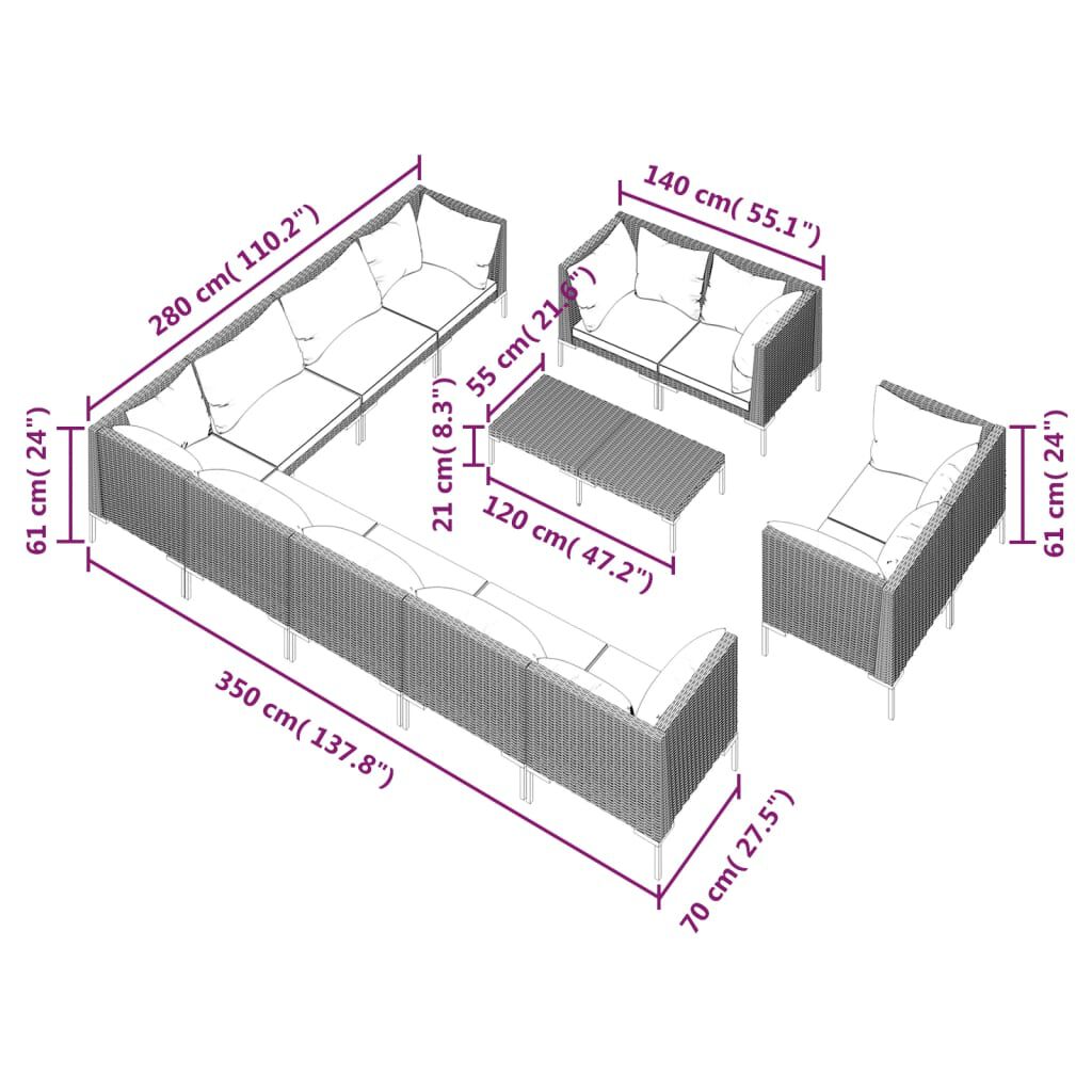 vidaXL 13 Piece Garden Lounge Set with Cushions Poly Rattan Dark Grey