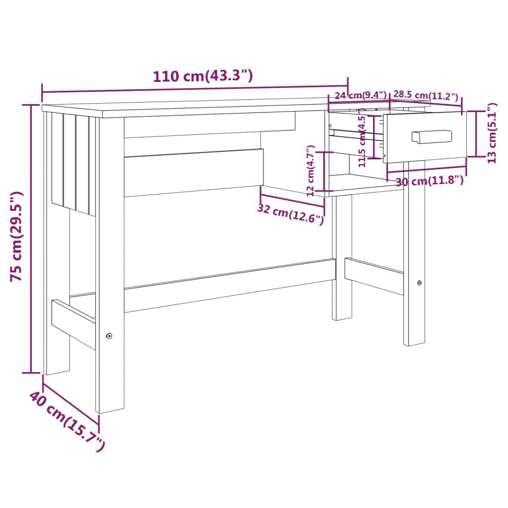 vidaXL Desk HAMAR Light Grey 110x40x75 cm Solid Wood Pine
