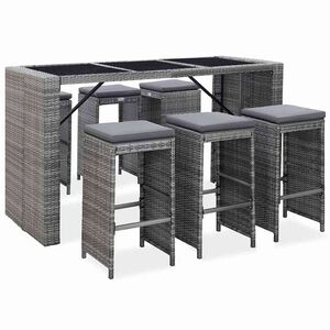 vidaXL 7 Piece Garden Bar Set with Cushions Poly Rattan Grey