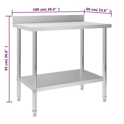 vidaXL Kitchen Work Table with Backsplash 100x60x93 cm Stainless Steel,  vidaXL Kitchen Work Table with Backsplash 100x60x93 cm Stainless Steel