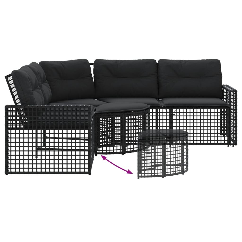 vidaXL Garden Sofa with Cushions and Footstool L-Shaped Black Poly Rattan