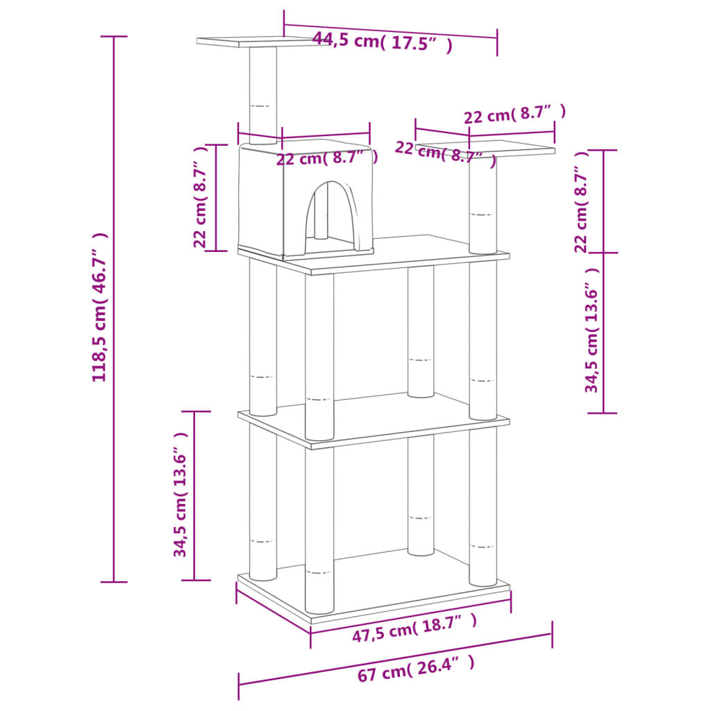 vidaXL Cat Tree with Sisal Scratching Posts Cream 118.5 cm