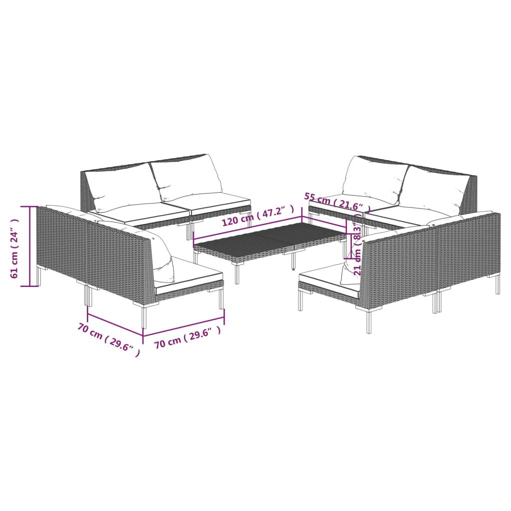 vidaXL 9 Piece Garden Lounge Set with Cushions Poly Rattan Dark Grey