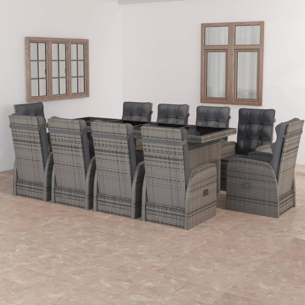 vidaXL 11 Piece Outdoor Dining Set with Cushions Poly Rattan Grey