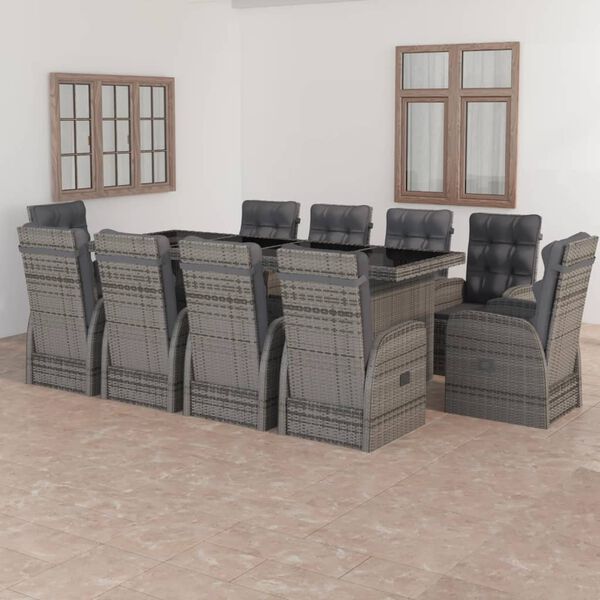 vidaXL 11 Piece Outdoor Dining Set with Cushions Poly Rattan Grey