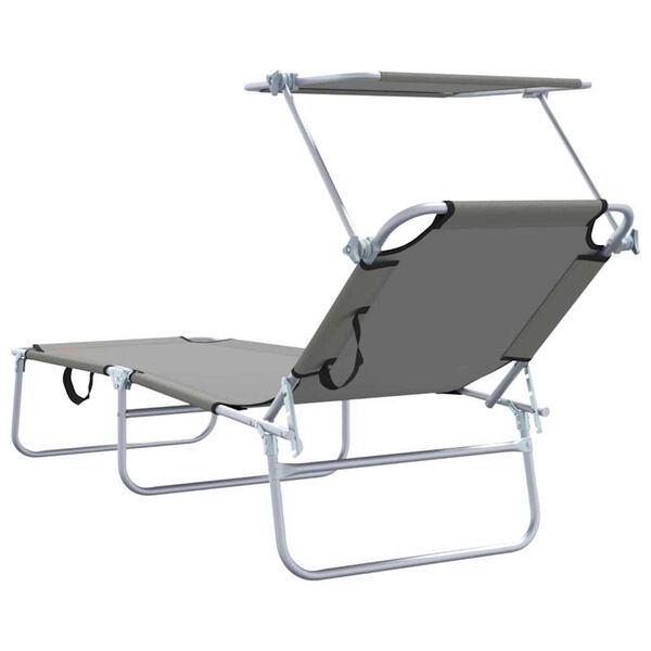 vidaXL Folding Sun Lounger with Canopy Steel Grey