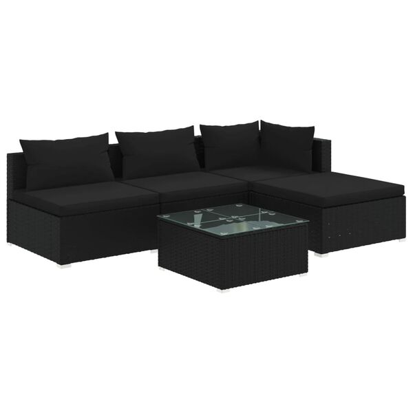 vidaXL 5 Piece Garden Lounge Set with Cushions Poly Rattan Black