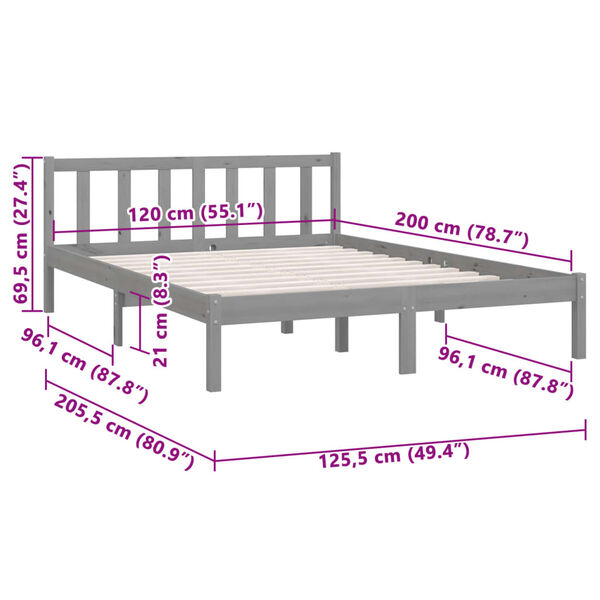 810079 vidaXL Bed Frame without Mattress Grey Solid Wood 120x200 cm