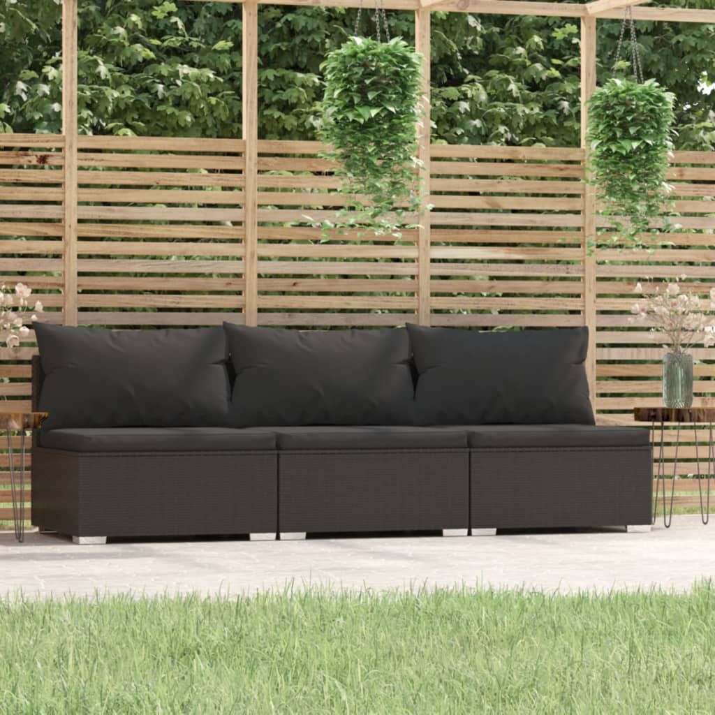 vidaXL 3-Seater Sofa with Cushions Black Poly Rattan