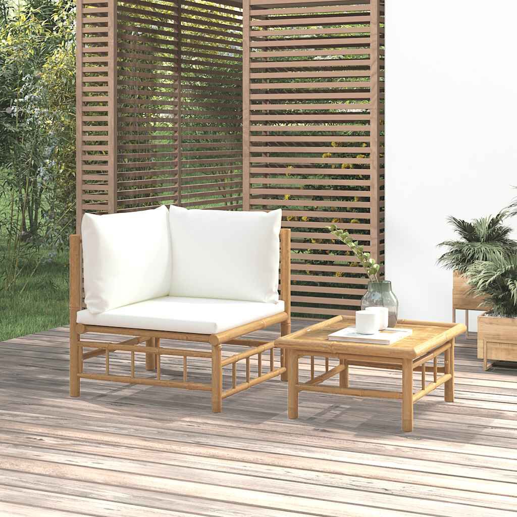 vidaXL 2 Piece Garden Lounge Set with Cream White Cushions Bamboo