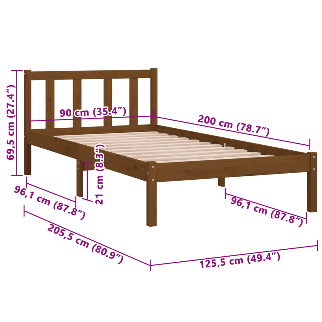 vidaXL Bed Frame without Mattress Honey Brown Solid Wood 90x200 cm
