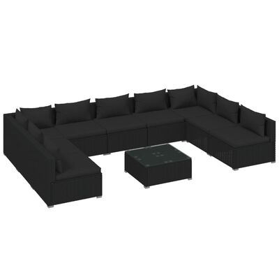 vidaXL 10 Piece Garden Lounge Set with Cushions Poly Rattan Black, black vidaXL 10 Piece Garden Lounge Set with Cushions Poly Rattan Black