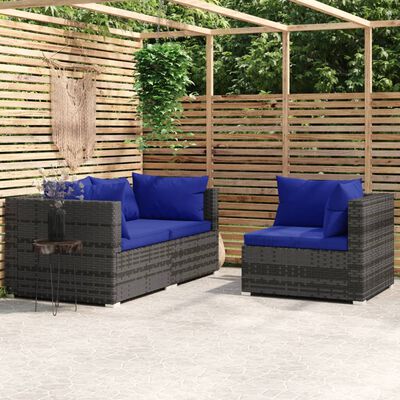 vidaXL 3 Piece Garden Lounge Set with Cushions Grey Poly Rattan, grey and dark blue vidaXL 3 Piece Garden Lounge Set with Cushions Grey Poly Rattan