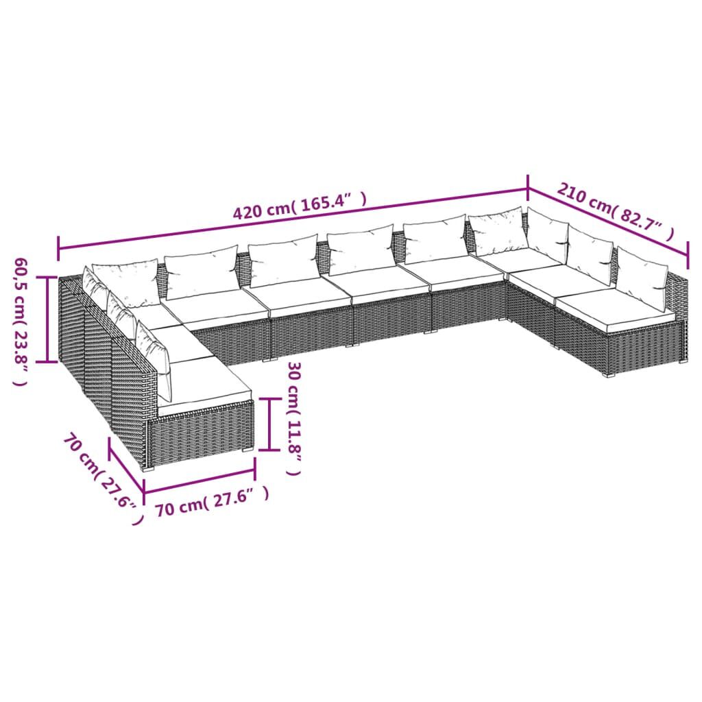 vidaXL 10 Piece Garden Lounge Set with Cushions Poly Rattan Grey