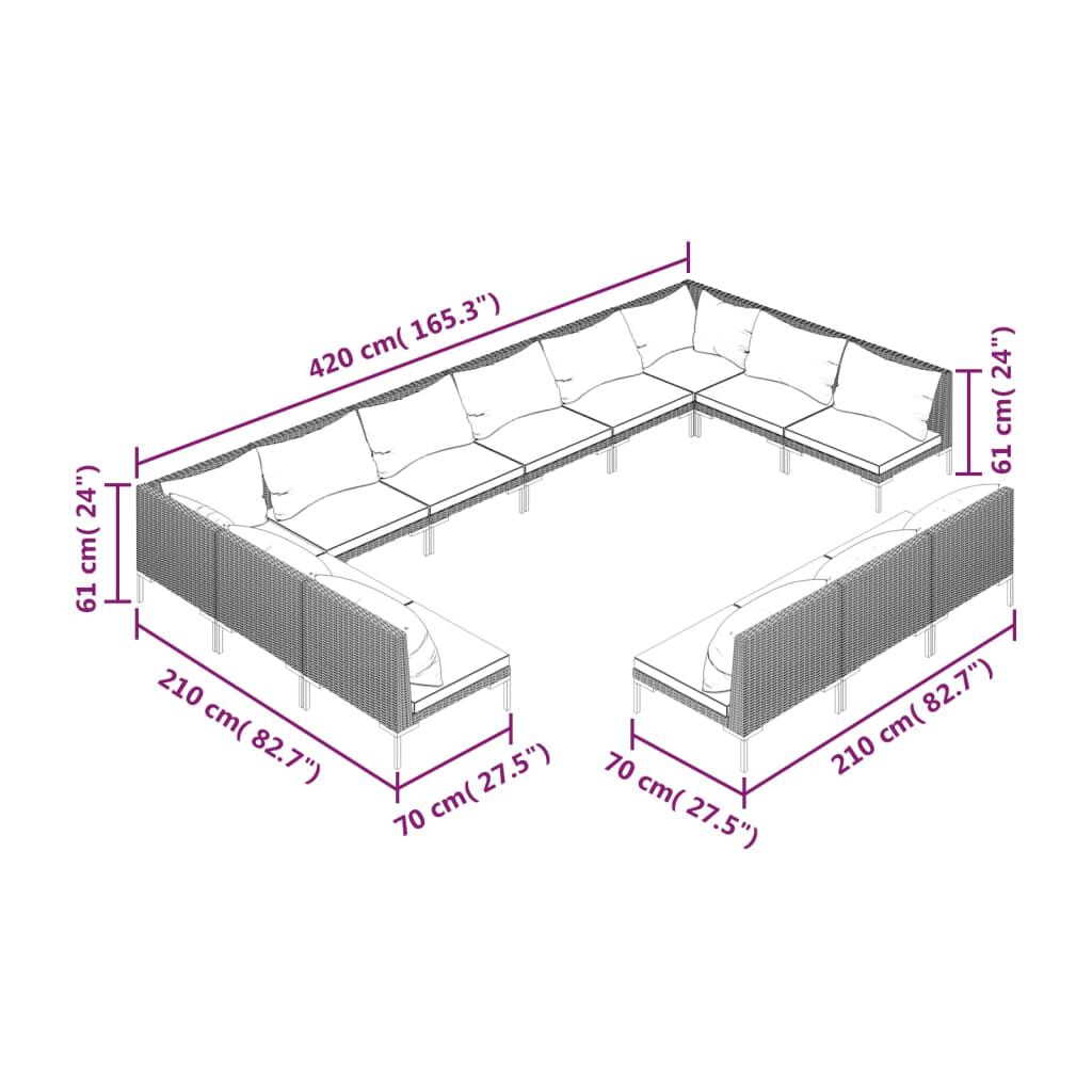 vidaXL 13 Piece Garden Lounge Set with Cushions Poly Rattan Dark Grey