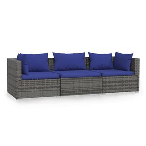 vidaXL 3-Seater Sofa with Cushions Grey Poly Rattan