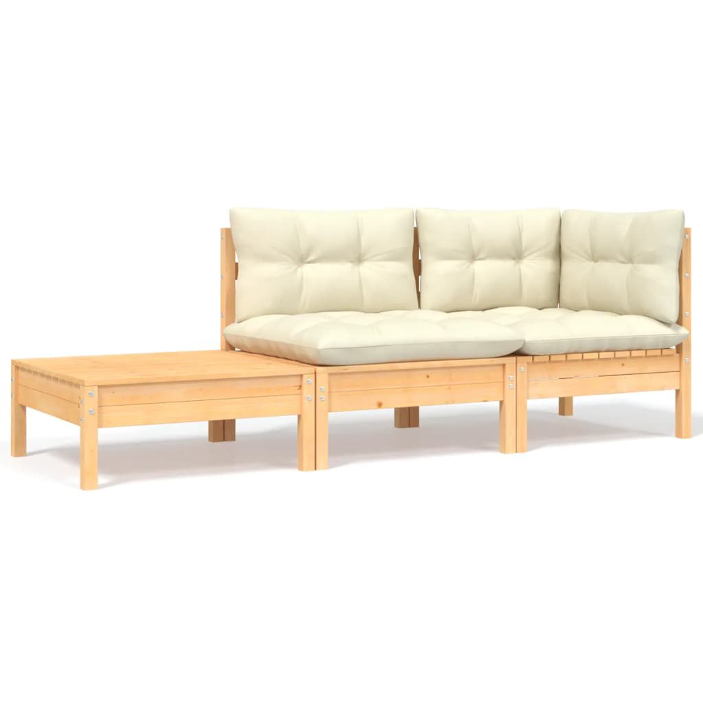 vidaXL 3 Piece Garden Lounge Set with Cream Cushions Solid Pinewood