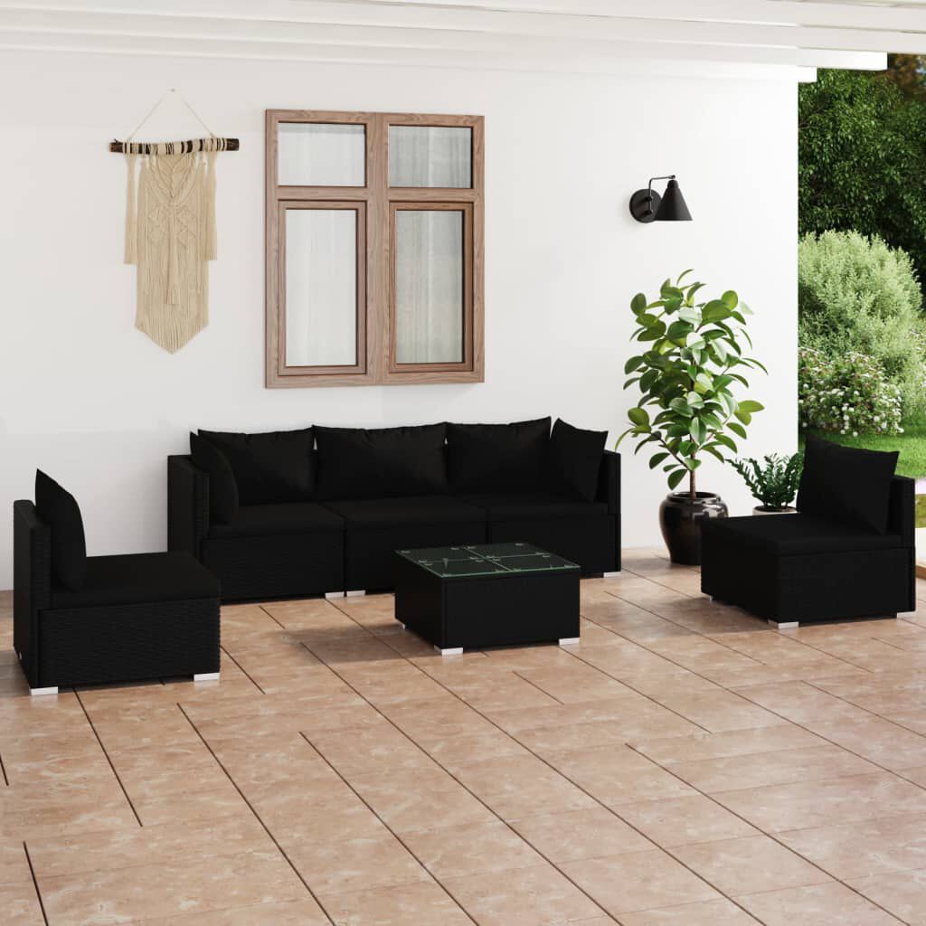 vidaXL 6 Piece Garden Lounge Set with Cushions Poly Rattan Black