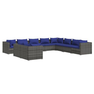 vidaXL 10 Piece Garden Lounge Set with Cushions Grey Poly Rattan, grey and dark blue vidaXL 10 Piece Garden Lounge Set with Cushions Grey Poly Rattan