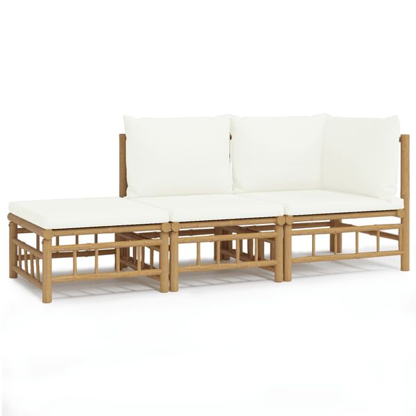 vidaXL 3 Piece Garden Lounge Set with Cream White Cushions Bamboo