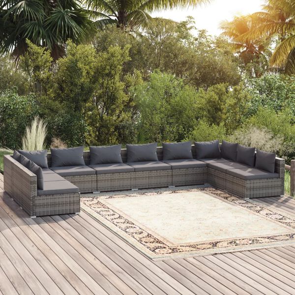 vidaXL 10 Piece Garden Lounge Set with Cushions Poly Rattan Grey