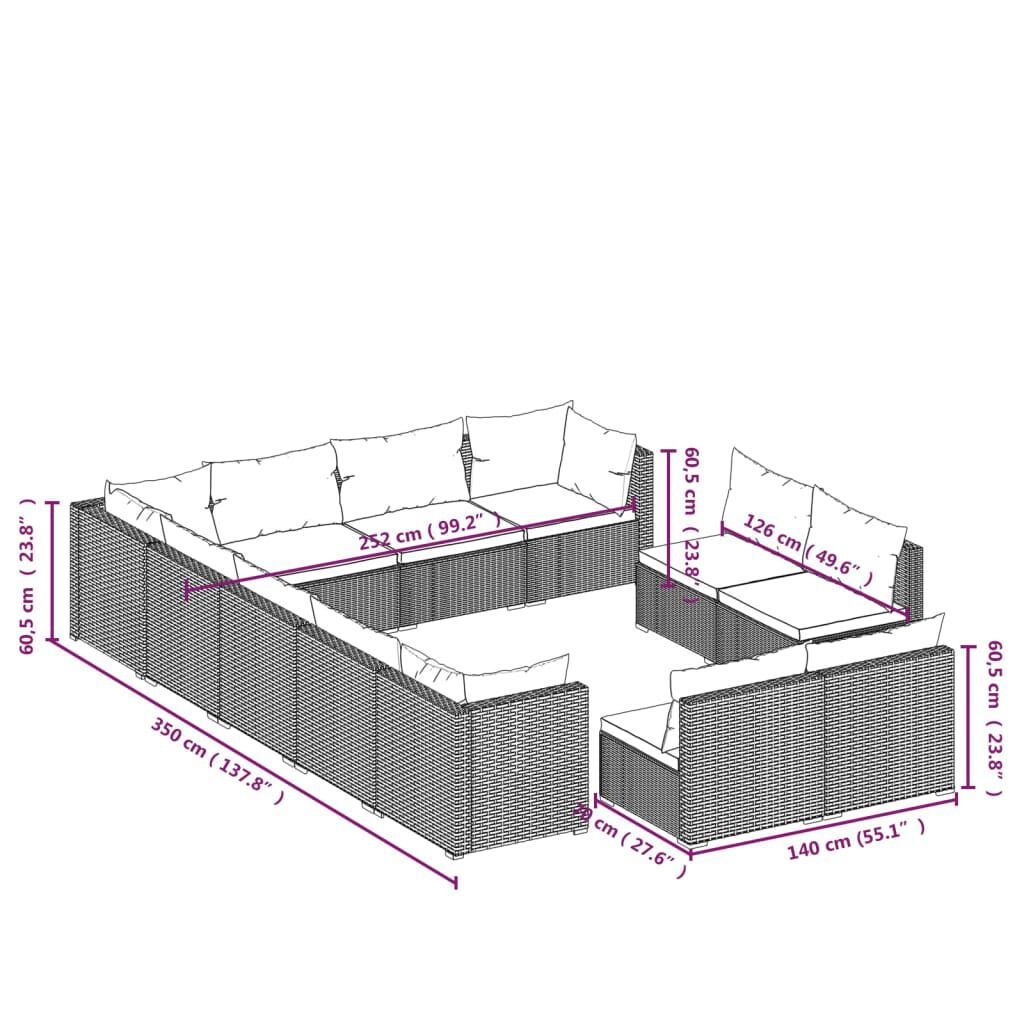 vidaXL 12 Piece Garden Lounge Set with Cushions Black Poly Rattan