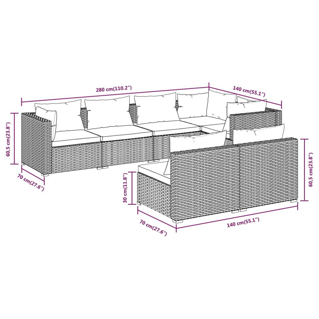 vidaXL 7 Piece Garden Lounge Set with Cushions Grey Poly Rattan